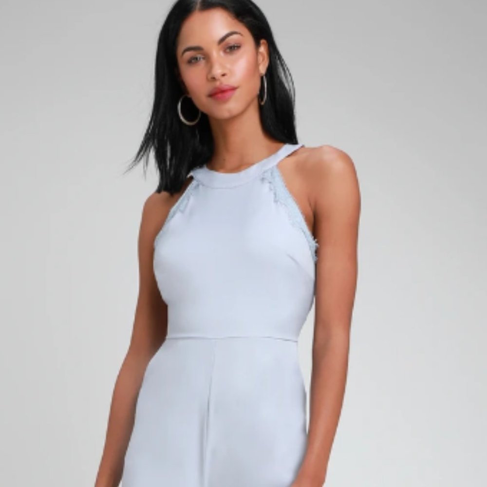 Light blue jumpsuit with lace details